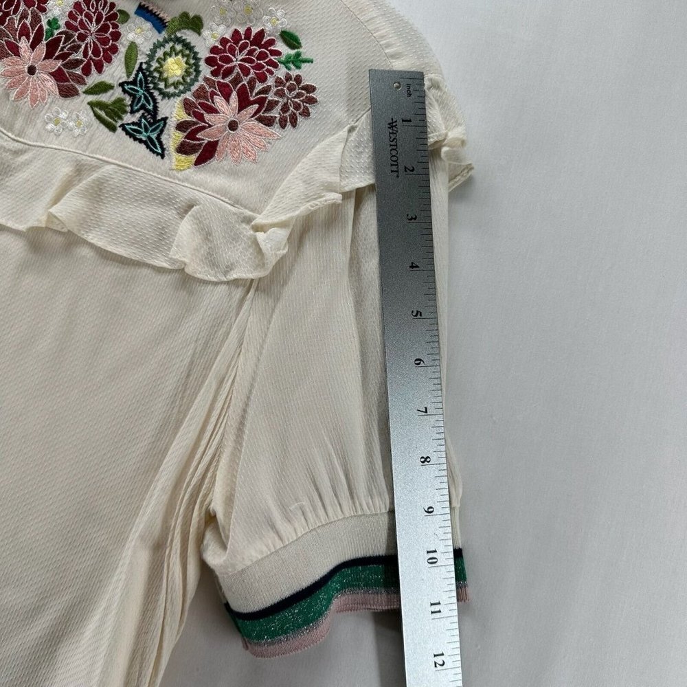 A Picture's Worth Top Womens L Embroidered Ruffled Yoke Short Sleeve Off White - Picture 10 of 11
